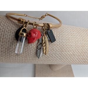 COACH Gold Tone Charm Bangle Bracelet Red Skull Feather Crystal Logo RARE